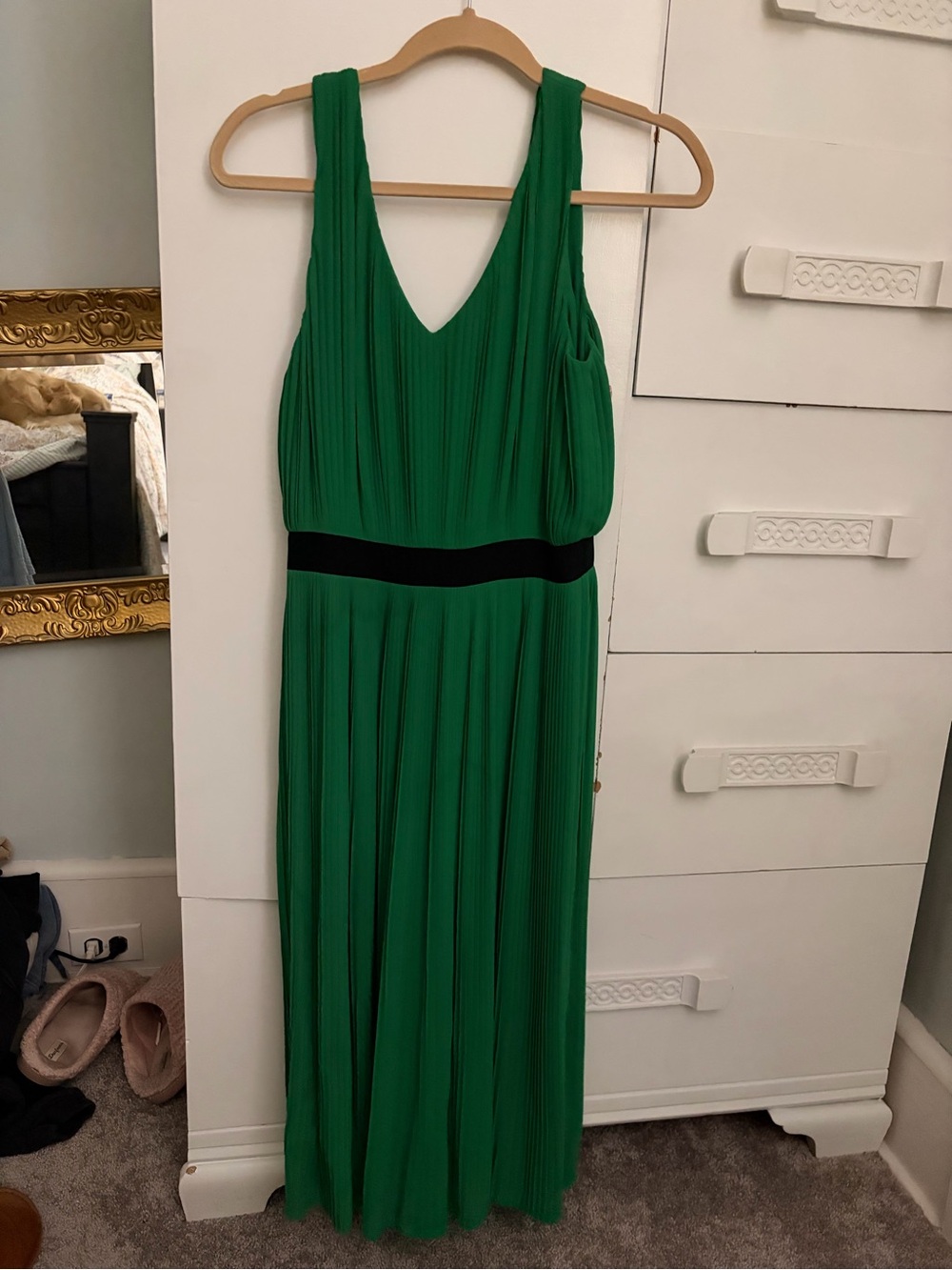 C. Luce Emerald Green Pleated Maxi Dress with Black Waist